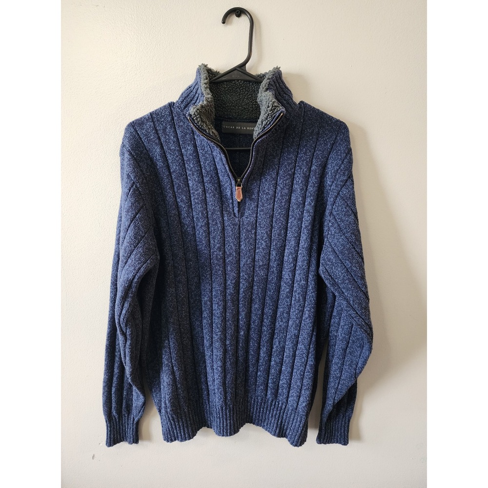 Oscar de la Renta Mens Blue Marl Ribbed Quarter Zip Sweater Faux Shearling Neck